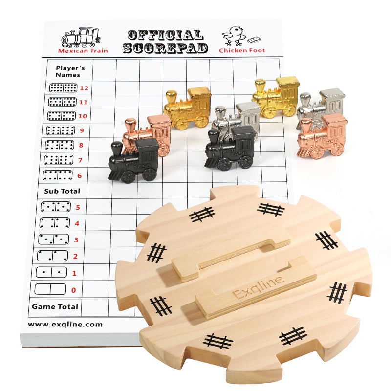 Exqline Mexican Train Dominoes Accessories - with 6.5" Pine Mexican Train Hub, 70-Sheets Mexican Train Score Pads and 8 Colored Die-Cast Train Markers, for Mexican Dominoes Train Game Set - Image 1